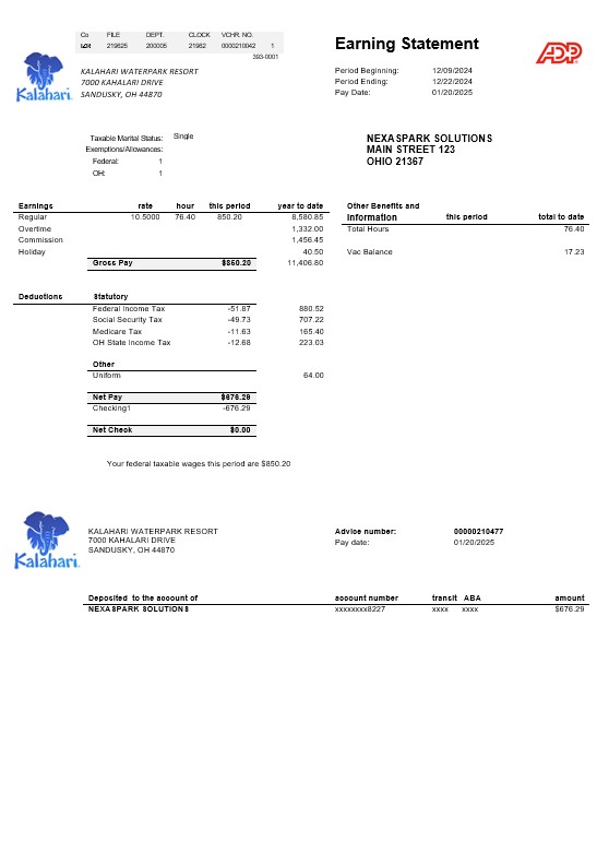 USA Ohio Kalahari Waterpark Resort business utility bill template in Word and PDF formats